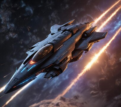 A starship with a Bussard ramjet mounted on its side, emitting a bright plasma trail, energy propulsion, interstellar travel, orbiting