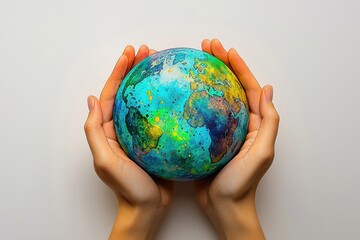 Artistic hands gently cradling a vibrant globe symbolizing global unity and environmental awareness