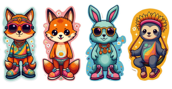 Groovy Retro Sticker Pack: Hippie Cat, Disco Fox, Peace Bunny, Funky Llama, Chill Sloth - 60s/70s Psychedelic Vibes