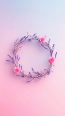 delicate wreath of pink roses and lavender on soft pastel gradient background