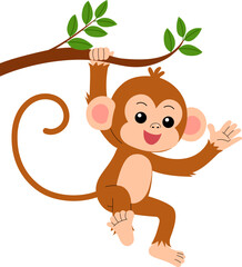 playful little monkey holding on a branch and waving hand illustration © AnotaiSi
