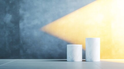 Warm light illuminates sleek white cylinders against a dark gray wall. AI Generated