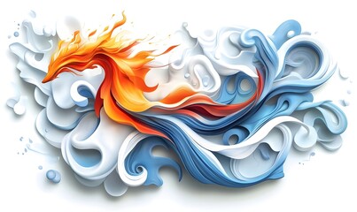 Fototapeta premium Fiery bird, water swirls, abstract art, white background, design element