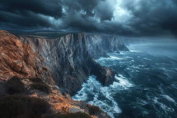 Dramatic coastal cliffs rise steeply from turbulent sea under stormy skies in a breathtaking...