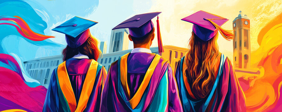 Graduates in caps and gowns celebrate their achievement, stepping toward college building. vibrant colors symbolize hope and new beginnings