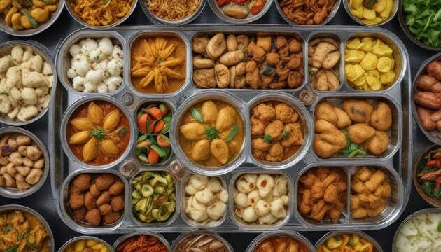 A variety of Bangladeshi dishes arranged in a pattern on a metal tin plate , Egg and vegetable mixture, Bhorta