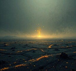 A vast expanse of dark terrain with scattered dust and shards of golden flour powder in the distance , barren terrain, powdery snow