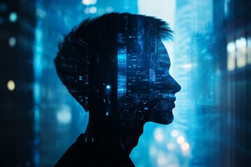 A man's head is shown in a blue background with a cityscape in the background