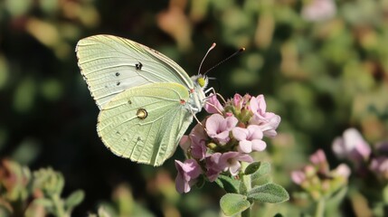 Pale Green Butterfly on Delicate Pink Flowers in Sunny Garden