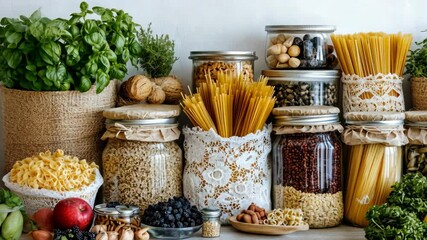 Dried pasta, grains, herbs, and fruits are beautifully arranged in jars on a rustic kitchen counter, showcasing vibrant colors and textures