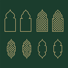 Ramadan graphic ornament collection. Set of Islamic windows and arches, geometric shapes in elegant style for poster and banner pattern. Eid al fitr shapes.