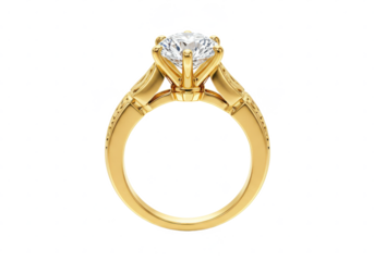A luxurious gold ring featuring a large solitaire diamond with intricate side detailing, isolated on a white background