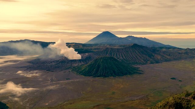 active, adventure, aerial landscape, aerial view, asia, bromo, bromo volcano, cloud, cloudy, destination, drone, east java, eruption, fog, hiking, indonesia, island, java, landmark, landscape, light, 
