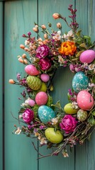Decorative easter wreath with eggs and spring flowers. Vertical background
