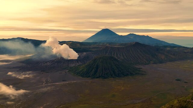 active, adventure, aerial landscape, aerial view, asia, bromo, bromo volcano, cloud, cloudy, destination, drone, east java, eruption, fog, hiking, indonesia, island, java, landmark, landscape, light, 