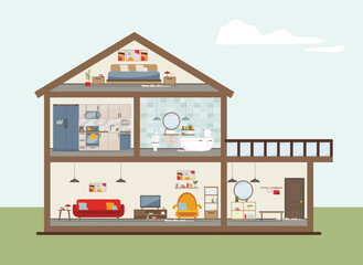 House in a cut. Modern apartment with equipment (furniture, sofa, armchair, dishes). Kitchen, bathroom, living room