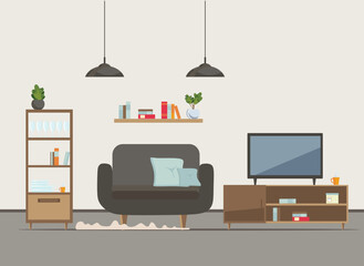 iving room interior with furniture, TV, table, window, wardrobe,shelves with books and home flowers, floor lamp. flat cartoon vector illustration
