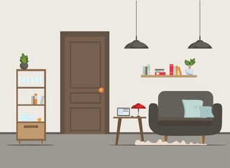 iving room interior with furniture, TV, table, window, wardrobe,shelves with books and home flowers, floor lamp. flat cartoon vector illustration
