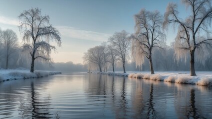 Fototapeta premium Serene winter landscape featuring a calm river lake surrounded by snowy trees in soft blue tones with stunning reflections in the water