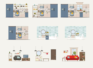 Basic rooms of apartment (kitchen, restroom, living room, bedroom)