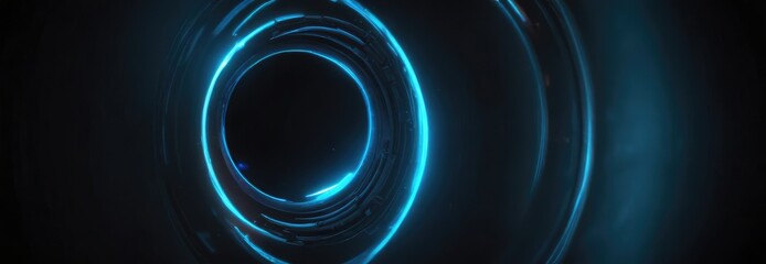 Abstract lens with a glowing neon blue ring on a dark and mysterious background, high-tech, darkness, artistic vision