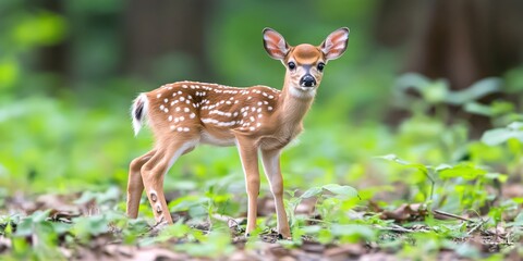 Adorable Whitetail Fawn in Lush Spring Forest Habitat