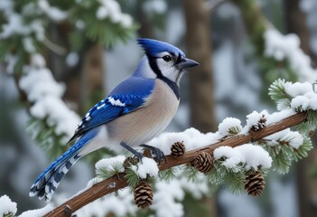 Blue jay perched on a snow-covered tree branch with pine cones, bird perched, wintery landscape, frosty scenery