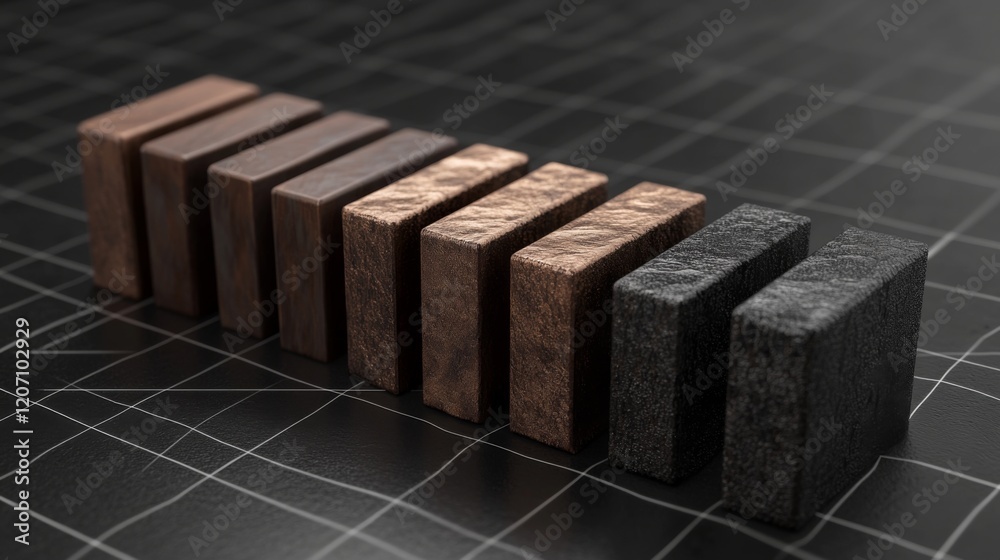 Poster An abstract D bar graph with metal-textured bars on a black grid background, with highlights and shadows creating depth and a high-tech feel