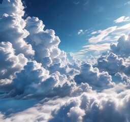 Blue sky with big fluffy clouds drifting lazily across, sunny day, sunlit landscape, cheerful mood