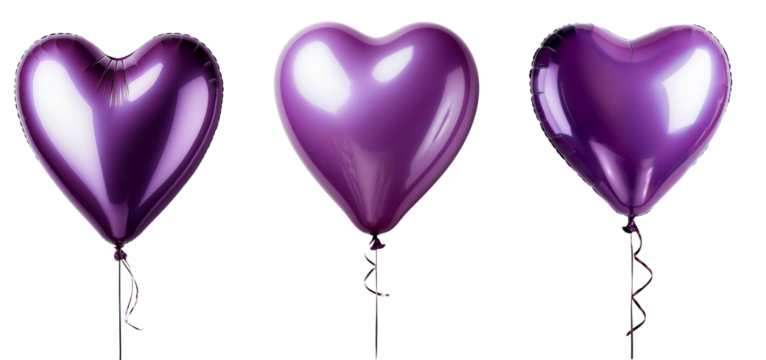 Three shiny purple heart-shaped balloons floating against a clear background. - Powered by Adobe