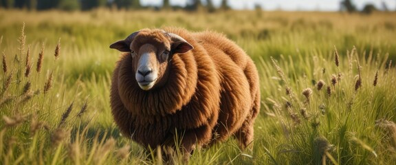 Obraz premium Brown woolly sheep grazing in tall kikuyu grass, tall grass, brown wool