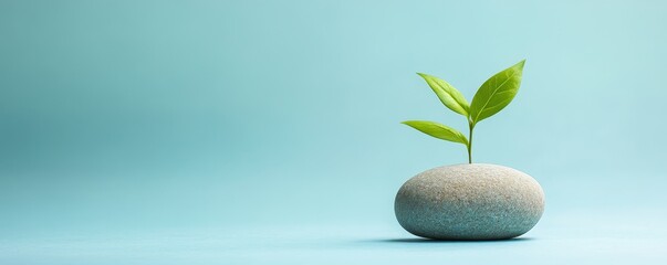 Small plant sprout growing from a smooth stone on a blue background.