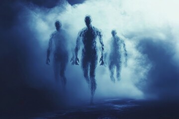 Fototapeta premium Three figures are walking through a foggy, misty sky