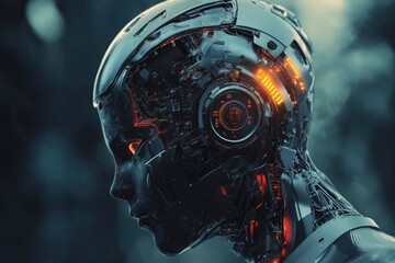 Fototapeta premium A woman's head with a robotic design and glowing red eyes