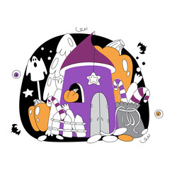 Vector image of a house with a spider web and pumpkins and bats. Vector illustration in flat style on the theme of Halloween.