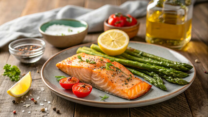 Baked salmon fillet seasoned with lemon and herbs, served on a wooden textured surface. Fresh vegetables are located nearby.