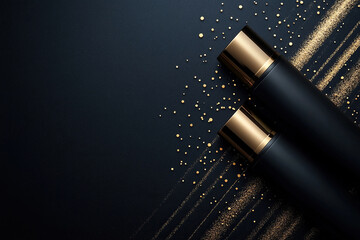 Expensive luxury black and gold background for cosmetics. Cosmetic bottles in black and gold on a luxurious expensive black background.