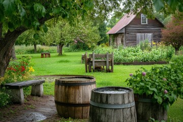 Naklejka premium A peaceful farmyard with rustic wooden barrels and a water trough.
