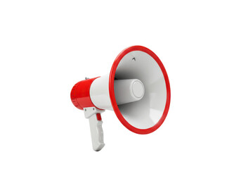 A red and white megaphone with a sleek modern design, isolated on a white background