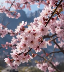 Obraz premium Cherry blossoms in full bloom with a subtle hint of morning dew , droplets of dew, soft focus, full bloom