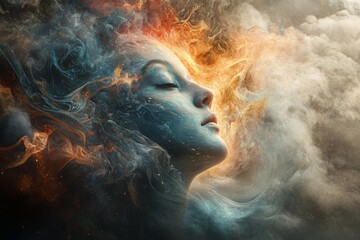 A woman's face is shown in a painting with a blue background and orange