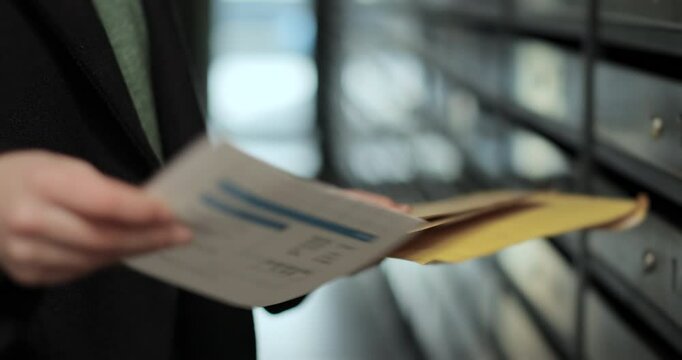 Close up woman is opening her mailbox inside a cluster of mailboxes for her apartment. Payment notification letter. Mail shipping concept.
