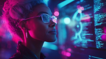 Female developer, woman collaborating on futuristic technology projects, digital screens displaying holograms and coding. The innovation, technological advancements, tech business. neon light