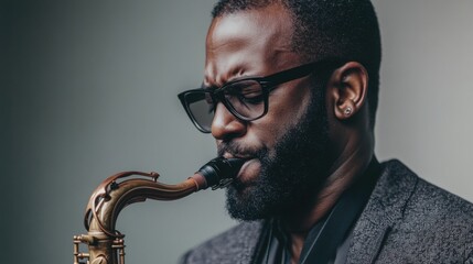 A captivating image of a jazz saxophonist mid-performance, set against a simple grey backdrop, the rich tones of the instrument contrasting beautifully with the minimalist setting.