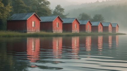 A row of red cabins sitting on the shore of a body of water