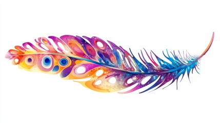 Obraz premium Vibrant peacock feather with eye-catching patterns, isolated on a pure white background.