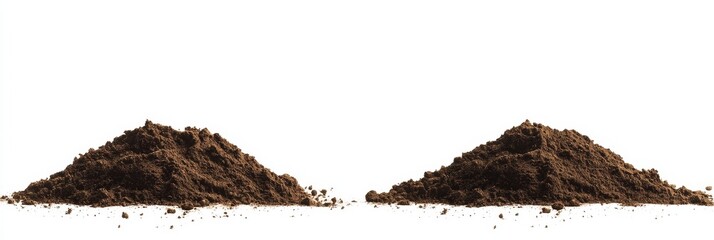 Two piles of dark brown soil isolated on white background.