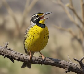 Naklejka premium Close-up of western meadowlark singing on dry branch, bird, feathers, wildlife