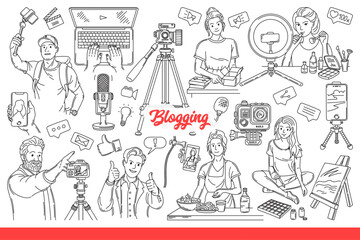 Blogging hobbies for men and women talking about traveling or cooking and starting business. Blogging inscription near devices for podcasting and recording live broadcasts on camera. Hand drawn.