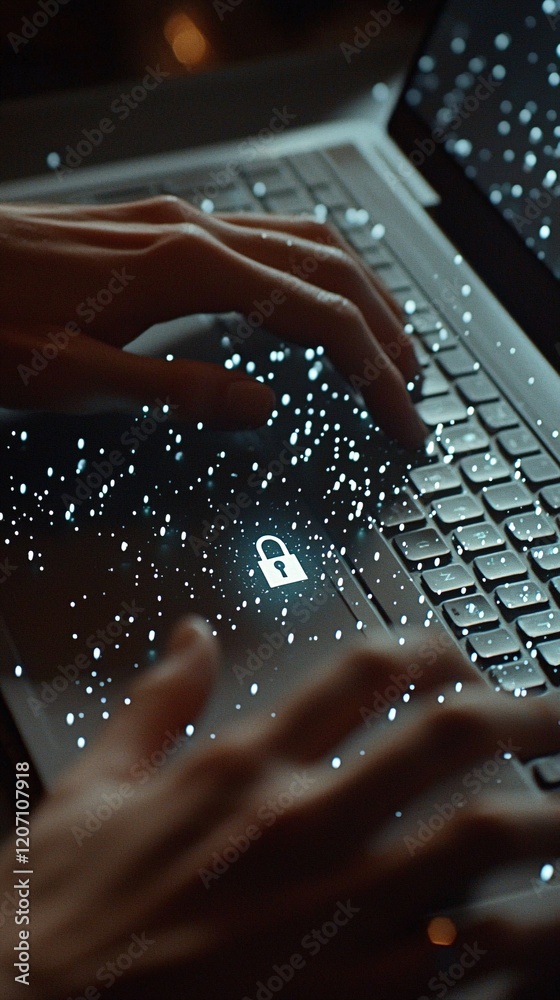Poster a close-up of hands typing on a laptop with a padlock hologram symbolizing data security overlayed o